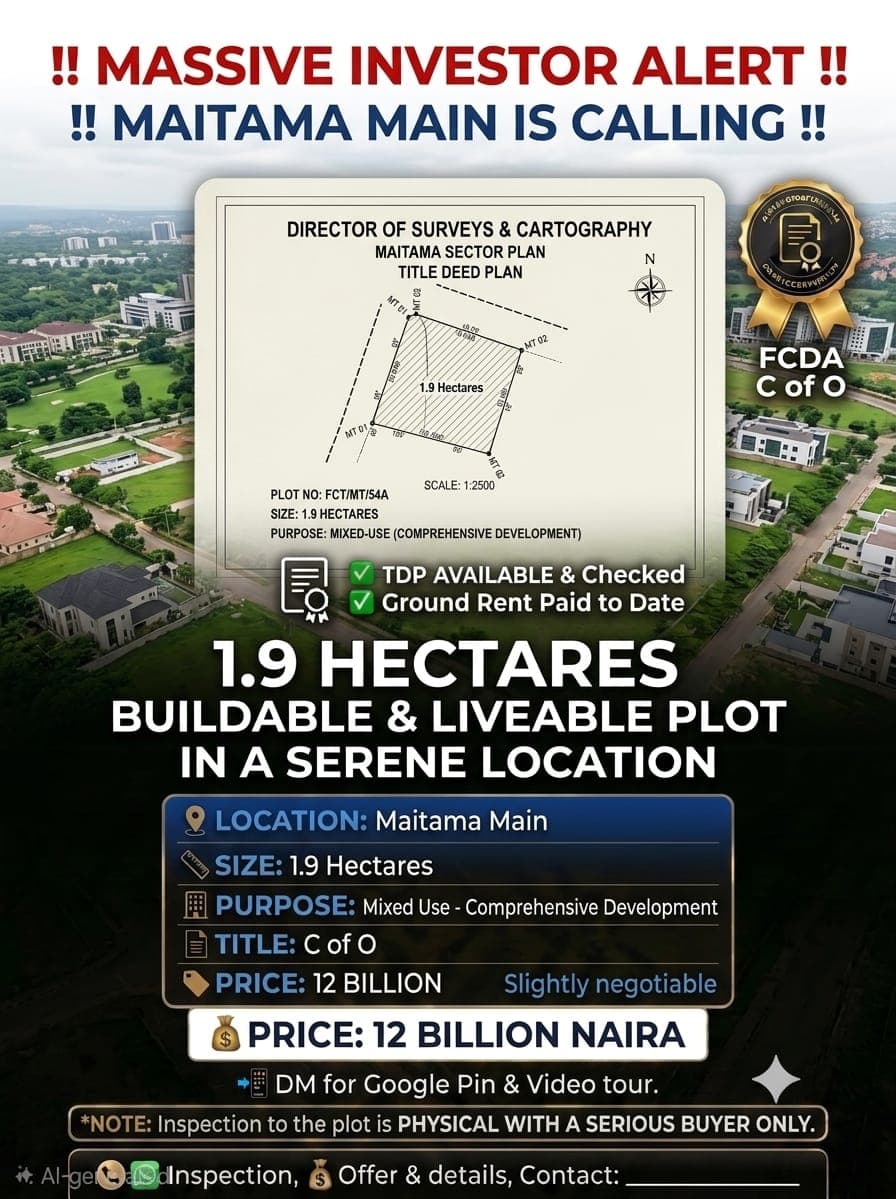 1.9 Hectares of Mixed-Use Land for Sale at Maitama Main, Abuja